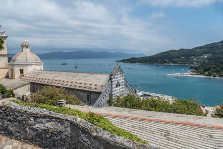 aerial view of the coastline of Palmaria island and the church of San Lorenzo in Portovenereのeditorial素材