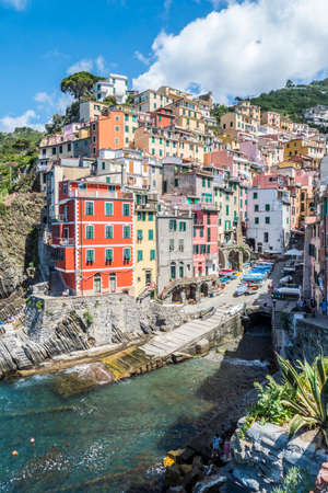 Riomaggiore, Italy - 06/26/2020: aerial view of Rio maggiore in Cinque Terreのeditorial素材