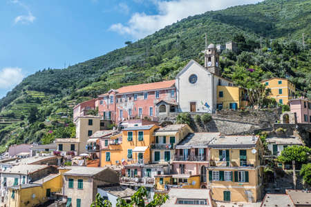 Aerial view of the church of Vernazza in the Cinque Terreの写真素材