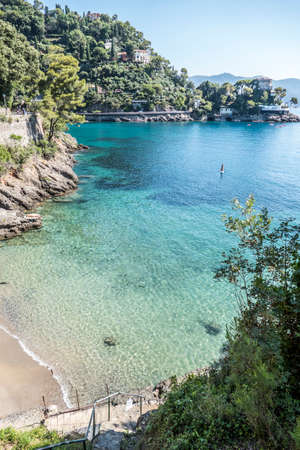 The bay of Paraggi in Portofino with green and transparent waterの写真素材