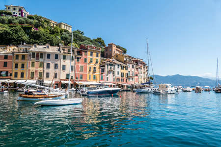 The seafront of Portofino with colorful housesの写真素材