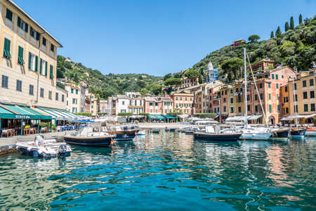 Portofino, Italy - 07/02/2020: the seafron with colorful houses and many boatsのeditorial素材