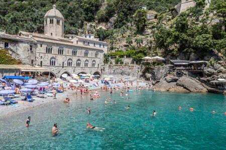 Portofino, Italy - 07/02/2020: the bay of San Fruttuoso with green water and the abbey near the beachのeditorial素材