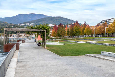 Luino, Italy - 10/19/2018: foliage in a park in the lake frontのeditorial素材