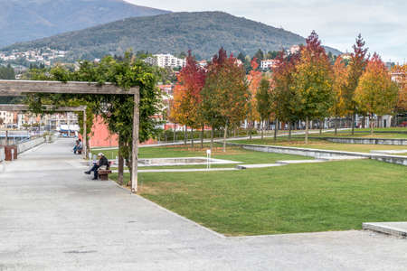 Luino, Italy - 10/19/2018: foliage in a park in the lake frontのeditorial素材