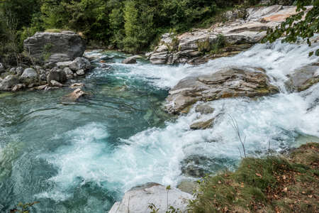 The Potholes of the Giants in the Toce River with green water and waterfall in Uriezzo.の写真素材