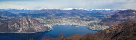wide angle view of Lake Lugano and the Alps.の写真素材