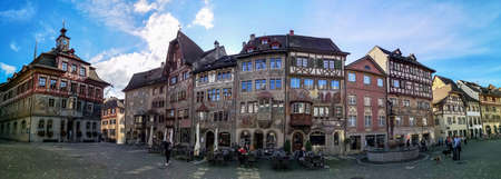 Stein am Rhein - Switzerland: 11/08/2019: Ultra wide panorama of the main street of Stein am Rhein...