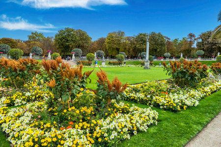Paris, Farnce - 09-10-2018: The beautiful Gardens of Luxembourg with colored flowersのeditorial素材