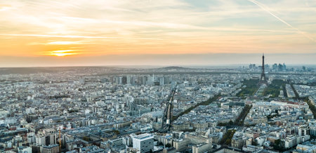 Extra wide aerial view of Paris at sunsetの写真素材