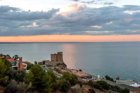 Aerial view of Roseto Capo Spulico during a beautiful sunset over the seaのeditorial素材