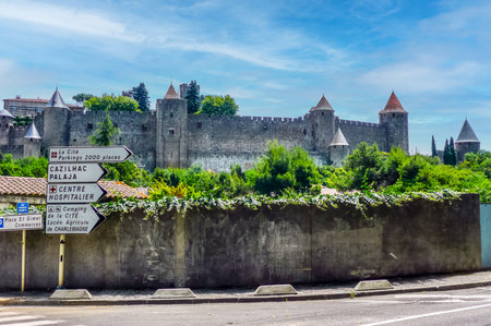 Carcassonne, France - 07-02 / 2014: panoramic view of the historic center of Carcassonne surrounded by the walls of an old castleのeditorial素材