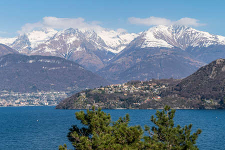 Landscape of the Lake of Como with the Alps in the backgroundの写真素材