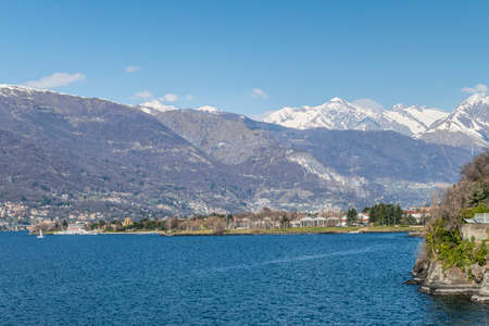 Landscape of the Lake of Como with the Alps in the backgroundの写真素材