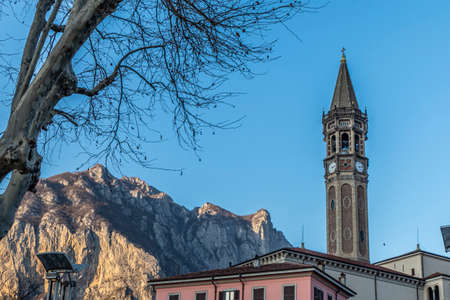 the famous pastel-shaped bell tower of Leccoの写真素材