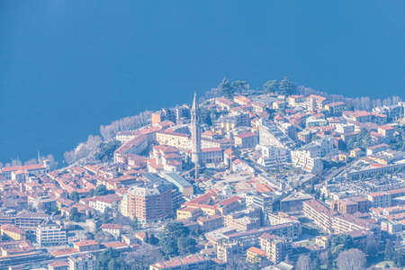 Aerial view of Lecco and his beautiful bell towerの写真素材