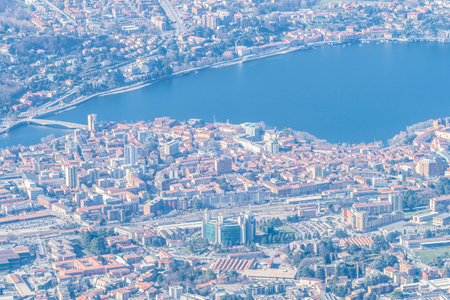 Aerial view of Lecco and his lakeの写真素材
