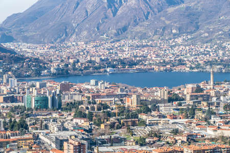 Aerial view of Lecco and his lakeのeditorial素材