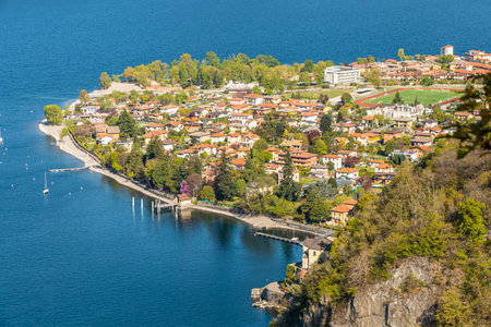 Aerial view of Maccagno and Lake Maggioreの写真素材