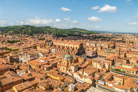 Bologna, Italy: 04-15-2021: Aerial view of Bologna with the beautiful Maggiore Square and the towerのeditorial素材