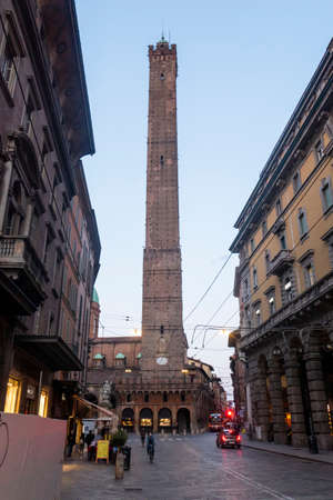 Bologna, Italy: 04-15-2021: The historic center of Bologna with the Asinelli Tower in the backgroundのeditorial素材