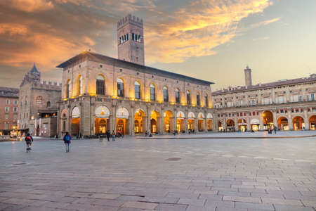 Bologna, Italy: 04-15-2021: The beautiful Maggiore Square in Bologna illuminated at sunsetのeditorial素材