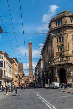 Bologna, Italy: 04-15-2021: The historic center of Bologna with the Asinelli Tower in the backgroundのeditorial素材