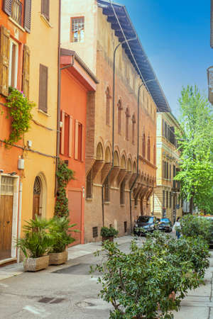 Streets and old houses in the historic center of Bolognaの写真素材
