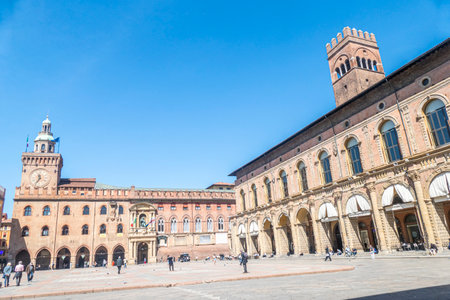 Bologna, Italy - 05-01-2021: Ancient buildings in Piazza Maggiore in Bolognaのeditorial素材