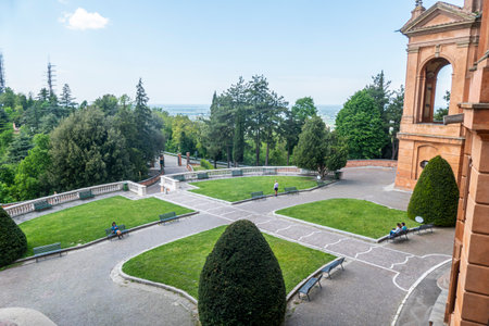 Bologna, Italy - 05-01-2021: The beautiful Sanctuary of the Madonna of San Luca with his gardensのeditorial素材