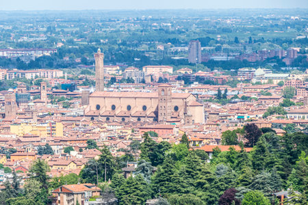 Aerial view of Bologna with his beautiful church and Towersの写真素材