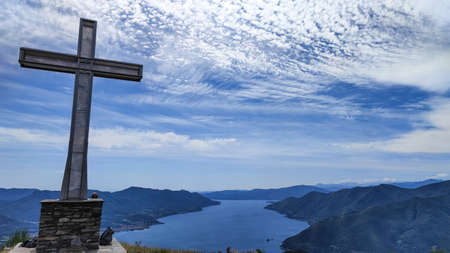 Aerial view of the Lake Maggiore from the Mount Forcoraの写真素材