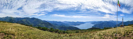 Extra wide aerial view of the Lake Maggiore from the Mount Forcoraの写真素材