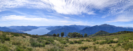 Extra wide aerial view of the Lake Maggiore from the Mount Forcoraの写真素材