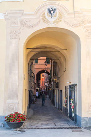 Laigueglia, Italy - 07-02-2021: characteristic alley in Laigueglia in Liguriaのeditorial素材