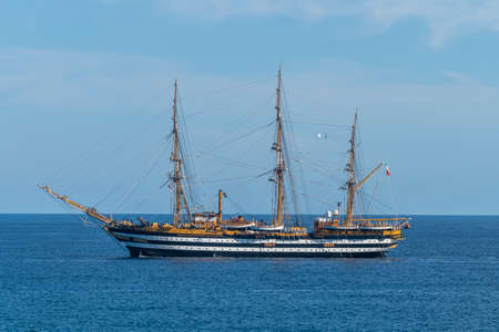 Laigueglia, Italy - 07-02-2021: the beautiful sailing ship Amerigo Vespucciのeditorial素材