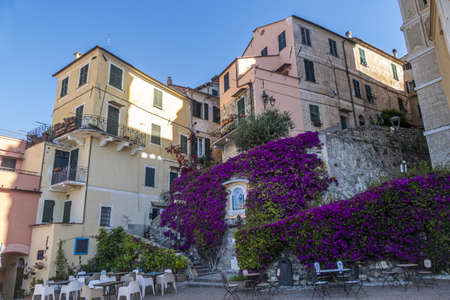 Historic center of Cervo with ancient houses and Climbing Bougainvilleaのeditorial素材