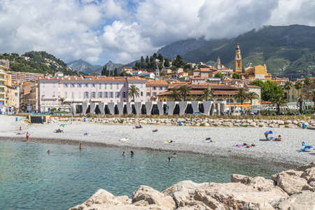 Menton, France - 07-07-2021: The seafront of Menton with beautiful beachesのeditorial素材