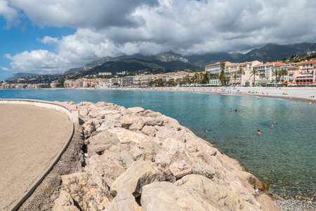 Menton, France - 07-07-2021: The seafront of Menton with beautiful beachesのeditorial素材