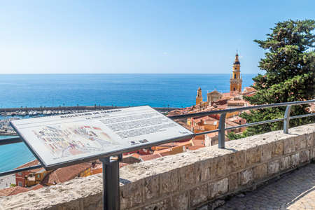 Menton, France - 07-07-2021: aerial view of the historic center of Menton with the beautiful Basilica and blue seaのeditorial素材