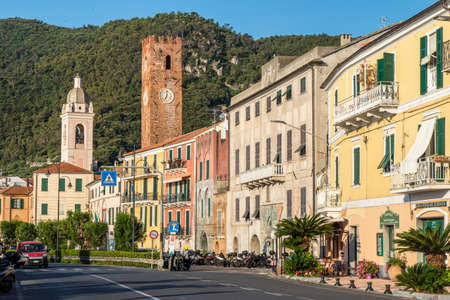 Noli, Italy - 07-07-2021: The promenade of Noli with beautiful colored housesのeditorial素材