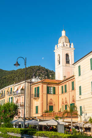 Noli, Italy - 07-07-2021: houses with beautiful facades and bell tower in Noliのeditorial素材
