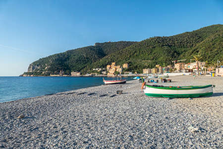 Noli, Italy - 07-07-2021: The characteristic fishermen's beach in Noliのeditorial素材