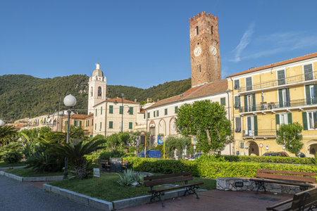 Noli, Italy - 07-07-2021: The promenade of Noli with beautiful colored housesのeditorial素材