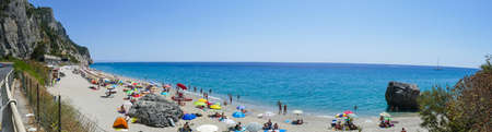 Varigotti, Italy - 10-07-2021: Extra wide view of the Beach of Malpasso in Varigottiのeditorial素材