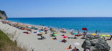 Varigotti, Italy - 10-07-2021: Extra wide view of the Beach of Malpasso in Varigottiのeditorial素材