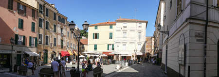 Finalborgo, Italy - 04-07-2021: Extra wide view of the main square of FInalborgoのeditorial素材