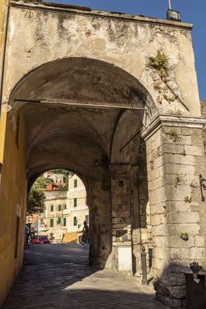 Finalborgo, Italy - 04-07-2021: Ancient buildings in the historic center of Finalborgoのeditorial素材