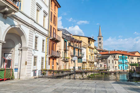 Omegna, Italy - 09-13-2021: The historic center of Omegna with beautiful buildings near the riverのeditorial素材