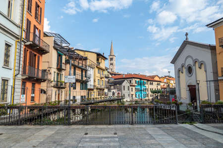 Omegna, Italy - 09-13-2021: The historic center of Omegna with beautiful buildings near the riverのeditorial素材